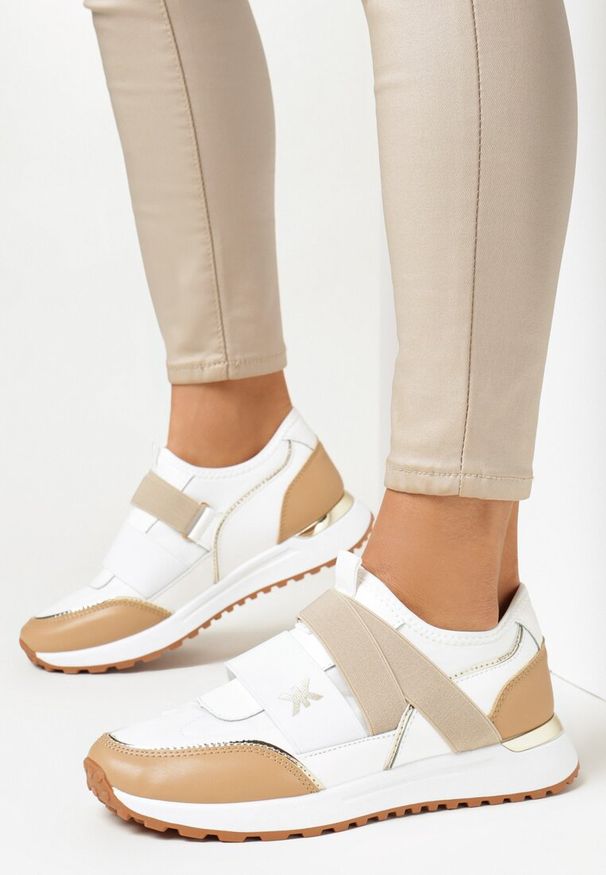 Born2be - Biało-Beżowe Sneakersy Wsuwane z Elastycznym Paskiem Rinese. Wysokość cholewki: przed kostkę. Zapięcie: bez zapięcia. Kolor: biały. Szerokość cholewki: normalna. Wzór: paski, aplikacja