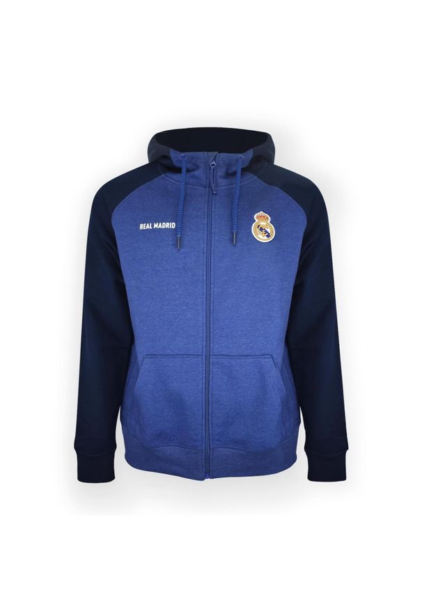 Real Madrid - Granatowa bluza z kapturem Real Madryt. Typ kołnierza: kaptur. Kolor: wielokolorowy. Wzór: napisy, haft. Sport: piłka nożna