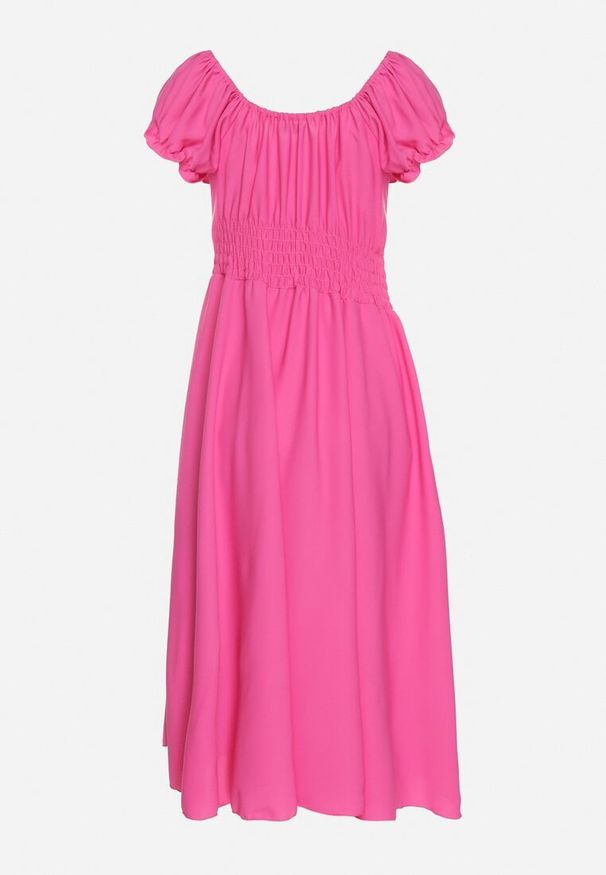 Born2be - Fuksjowa Sukienka z Bawełną Typu Hiszpanka z Ozdobnymi Bufkami Lunaleia. Okazja: na co dzień. Typ kołnierza: dekolt hiszpanka. Kolor: różowy. Materiał: bawełna. Styl: klasyczny, casual, elegancki