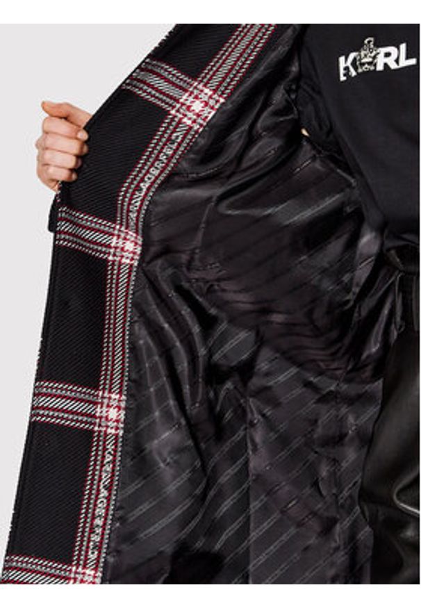 Karl Lagerfeld - KARL LAGERFELD Płaszcz przejściowy Logo Check 220W1582 Czarny Relaxed Fit. Typ kołnierza: dekolt w karo. Kolor: czarny. Materiał: wełna