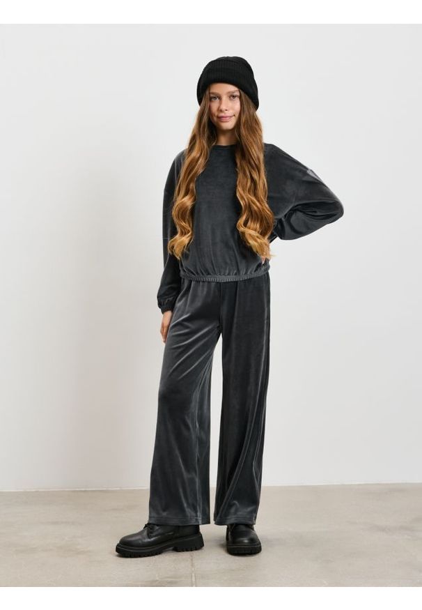 Sinsay - Welurowe spodnie wide leg - szary. Kolor: szary. Materiał: welur