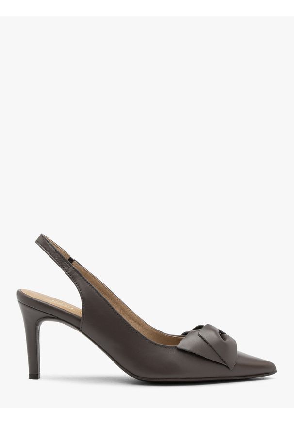 Ryłko - Szare czółenka slingback z kokardą OFELIA. Zapięcie: bez zapięcia. Kolor: szary. Materiał: skóra. Obcas: na obcasie. Styl: wizytowy, klasyczny, street, elegancki. Wysokość obcasa: średni