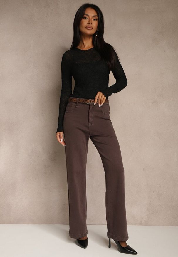 Renee - Fioletowe Jeansy Wide Leg High Waist z Bawełny Nelenasa. Okazja: na imprezę, na co dzień. Stan: podwyższony. Kolor: fioletowy. Styl: klasyczny, casual
