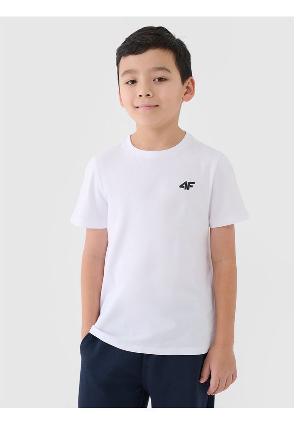 4f - 4F T-shirt regular gładki chłopięcy - biały 128 (7-8 lat). Okazja: na co dzień. Kolor: biały. Materiał: bawełna, jersey, dzianina. Długość rękawa: krótki rękaw. Długość: krótkie. Wzór: gładki. Sezon: lato. Styl: sportowy, klasyczny, casual