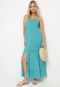 Born2be - Miętowa Sukienka z Bawełną na Regulowanych Ramiączkach z Elastyczną Gumką na Plecach Tinathias. Okazja: na spacer, na co dzień. Kolor: miętowy. Materiał: bawełna. Długość rękawa: na ramiączkach. Sezon: lato. Typ sukienki: proste. Styl: casual, klasyczny #7