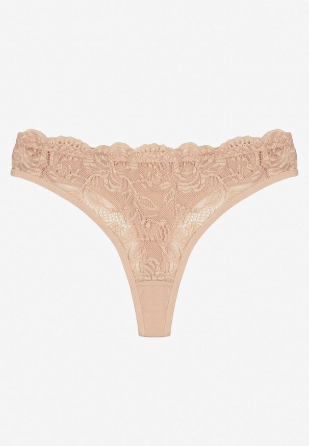 Born2be - Beżowe Koronkowe Majtki Stringi z Bawełny Venalora. Kolor: beżowy. Materiał: bawełna, koronka