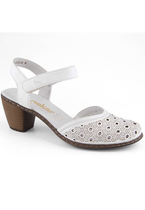 Skórzane komfortowe sandały damskie na obcasie białe Rieker 40991-80. Kolor: biały. Materiał: skóra ekologiczna. Obcas: na obcasie. Wysokość obcasa: średni