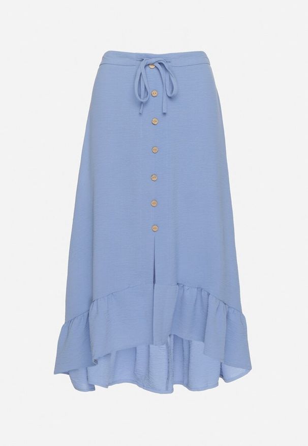 Born2be - Niebieska Asymetryczna Spódnica z Falbanami i Ozdobnymi Guzikami Marolana. Okazja: na co dzień. Kolor: niebieski. Wzór: gładki. Styl: casual, elegancki