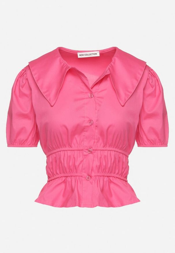 Born2be - Fuksjowa Bawełniana Koszula z Bufiastymi Rękawami i Ozdobnymi Marszczeniami Efrinda. Okazja: na co dzień. Kolor: różowy. Materiał: bawełna. Długość rękawa: krótki rękaw. Długość: krótkie. Styl: casual, elegancki