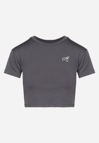 Born2be - Ciemnoszary T-shirt Crop Top Ozdobiony Literką Koliviela. Okazja: na co dzień. Kolor: szary. Materiał: jeans. Długość: krótkie. Wzór: aplikacja. Styl: casual, elegancki