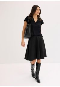 bonprix - T-shirt z dekoltem henley z mieszanki wiskozy. Typ kołnierza: typu henley. Kolor: czarny. Materiał: wiskoza, koronka. Wzór: koronka #3