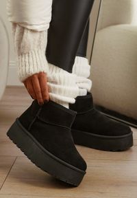 Born2be - Czarne Śniegowce na Platformie Sireella. Okazja: na co dzień. Kolor: czarny. Materiał: futro, jeans, polar. Obcas: na platformie. Styl: casual, sportowy #5