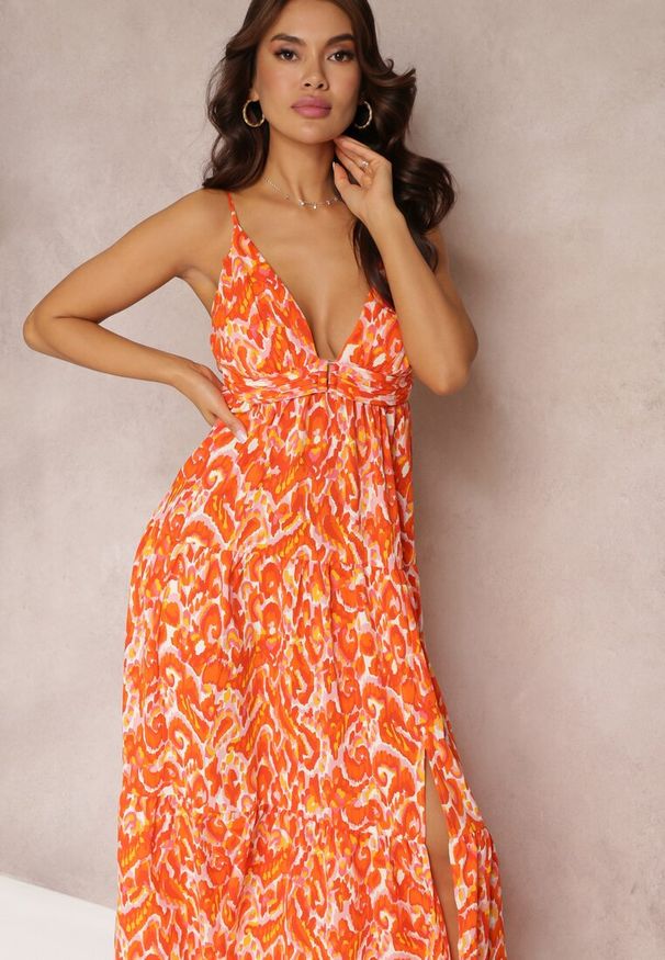 Renee - Pomarańczowa Sukienka Maxi na Regulowanych Ramiączkach z Abstrakcyjnym Wzorem Jerela. Okazja: na co dzień. Kolor: pomarańczowy. Materiał: tkanina. Długość rękawa: na ramiączkach. Typ sukienki: proste. Styl: casual, klasyczny, boho. Długość: maxi
