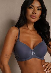 Renee - Granatowy Gładki Biustonosz o Klasycznym Fasonie Zdobiony Kokardką Caloris. Kolor: niebieski. Wzór: aplikacja, gładki #7