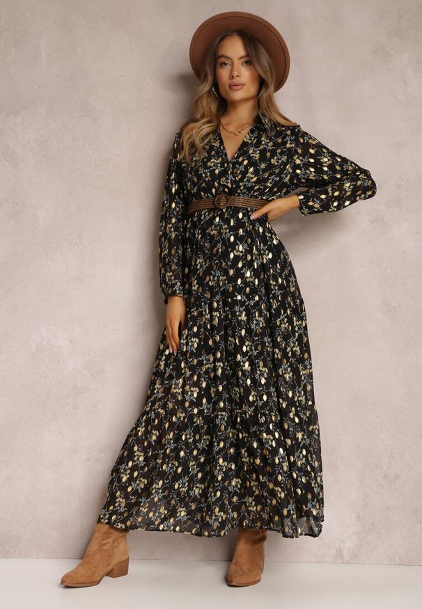 Renee - Czarna Sukienka Sachiel. Kolor: czarny. Długość rękawa: długi rękaw. Wzór: kwiaty. Długość: maxi