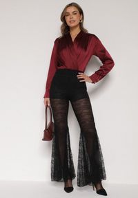 Born2be - Czarne Koronkowe Spodnie Dzwony z Wysokim Stanem Solifera. Okazja: na co dzień. Stan: podwyższony. Kolor: czarny. Materiał: koronka. Wzór: koronka. Styl: casual #5