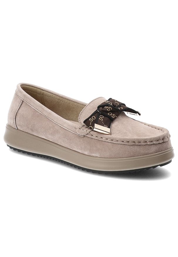 Mokasyny damskie Filippo, o klasycznym kroju z cholewką ze skóry naturalnej osadzone na lekkiej elastycznej podeszwie z dekoracyjną kokardą, beżowe,. Okazja: na co dzień. Kolor: beżowy. Materiał: skóra. Szerokość cholewki: normalna. Sezon: wiosna, jesień. Styl: klasyczny