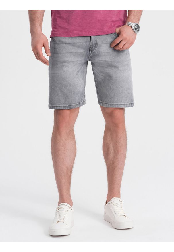 Ombre Clothing - Krótkie męskie spodenki jeansowe z delikatnym washem – szare V2 - Rozmiar: S. Kolor: szary. Materiał: jeans. Długość: krótkie. Wzór: aplikacja. Sezon: lato. Styl: klasyczny, wakacyjny