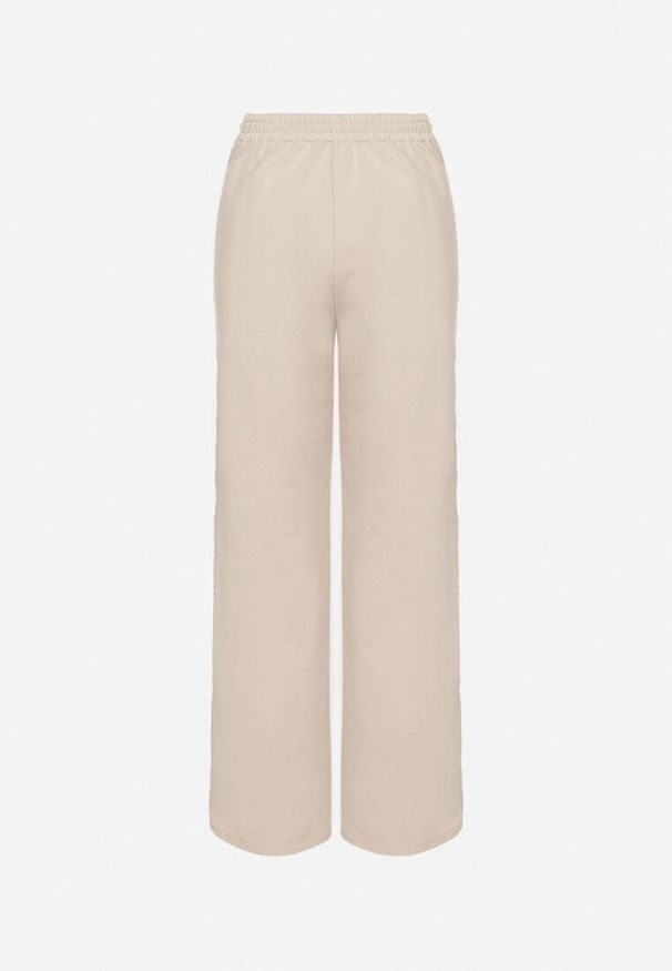 Born2be - Beżowe Szerokie Spodnie Dresowe z Bawełny z Wysokim Stanem i Lampasami Pillione. Okazja: na co dzień. Stan: podwyższony. Kolor: beżowy. Materiał: bawełna, dresówka. Styl: casual