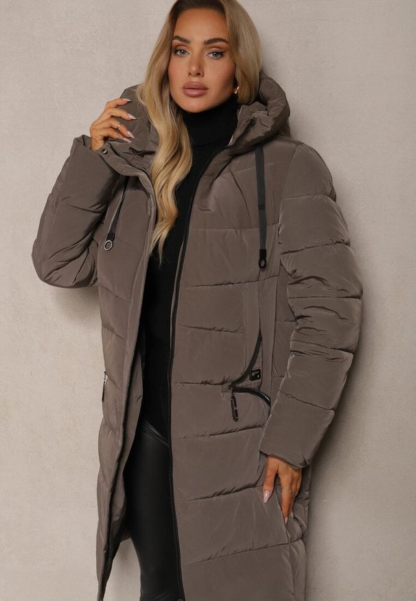 Renee - Zielona Kurtka z Pikowanymi Przeszyciami Kapturem i Wysokim Kołnierzem Atinesca. Okazja: na co dzień. Kolor: zielony. Materiał: jeans. Sezon: zima. Styl: casual