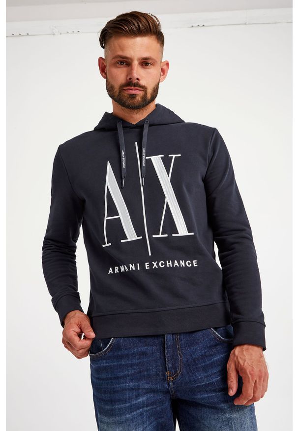 Armani Exchange - BLUZA ARMANI EXCHANGE. Typ kołnierza: kaptur. Materiał: bawełna. Długość rękawa: długi rękaw. Długość: długie. Wzór: haft