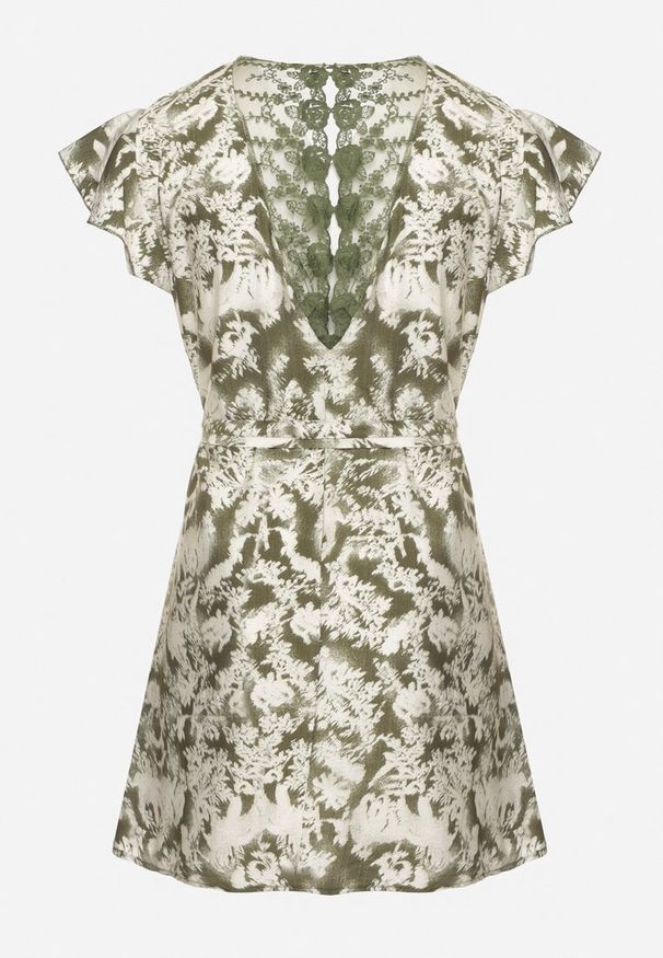 Born2be - Zielona Sukienka z Wiskozy i Lnu Pudełkowa z Wiązaniem w Talii w Abstrakcyjny Wzór Toleira. Typ kołnierza: dekolt w kształcie V. Kolor: zielony. Materiał: len, wiskoza. Długość rękawa: krótki rękaw