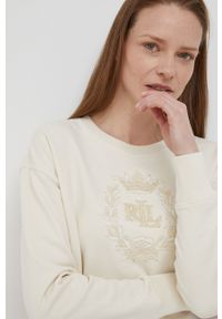 Lauren Ralph Lauren bluza bawełniana damska kolor beżowy z aplikacją. Kolor: beżowy. Materiał: bawełna. Długość rękawa: długi rękaw. Długość: długie. Wzór: aplikacja