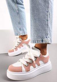 Renee - Biało-Różowe Sneakersy na Platformie Schiltes. Nosek buta: okrągły. Zapięcie: sznurówki. Kolor: różowy. Materiał: materiał. Sezon: wiosna, jesień. Obcas: na platformie. Wysokość obcasa: niski #3