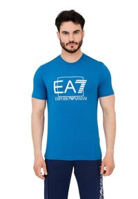 EA7 Emporio Armani - EA7 Niebieski męski t-shirt z dużym logo. Kolor: niebieski