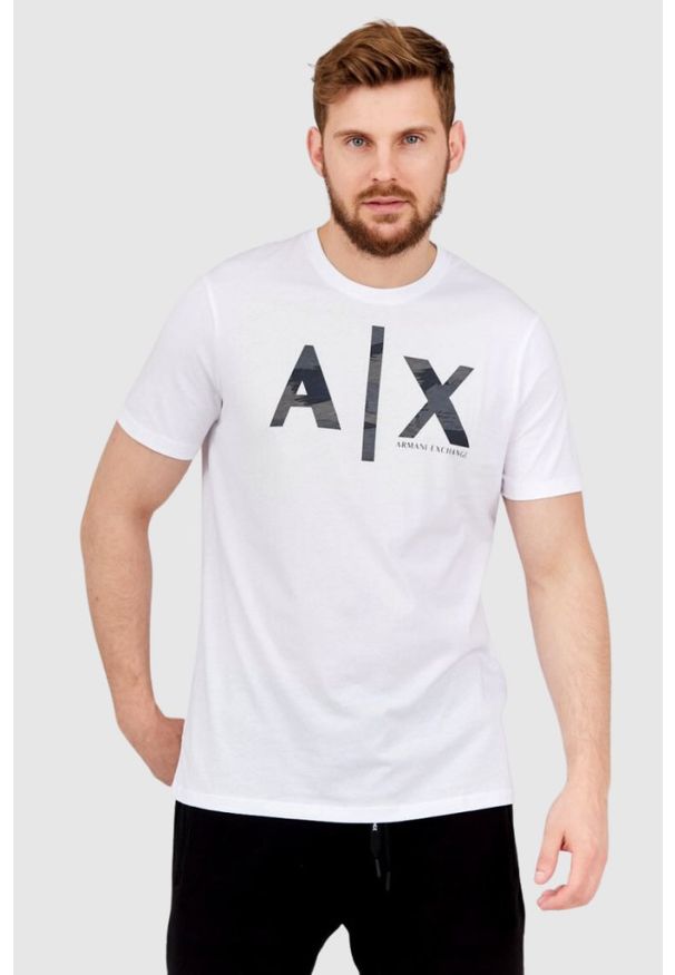 Armani Exchange - ARMANI EXCHANGE Biały t-shirt męski z szarym logo, Rozmiar XL. Kolor: biały. Materiał: prążkowany