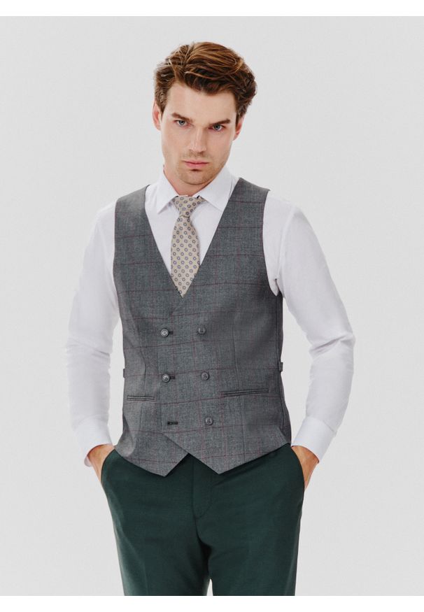 Pako Lorente - PAKO LORENTE – Szara dwurzędowa kamizelka męska w kratę. Okazja: na ślub cywilny, na wesele. Kolor: szary. Styl: elegancki, młodzieżowy