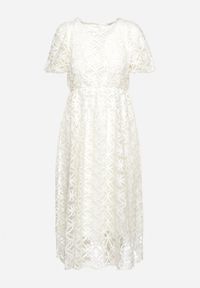 Born2be - Beżowa Rozkloszowana Sukienka z Przeźroczystym Tiulem z Ozdobnym Wzorem Exbia. Typ kołnierza: dekolt w łódkę. Kolor: beżowy. Materiał: tiul. Wzór: ażurowy. Styl: klasyczny, elegancki #3