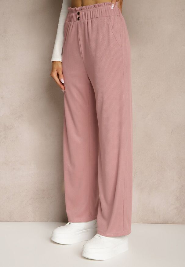 Renee - Różowe Spodnie High Waist o Fasonie Paper Bag z Gumką w Talii Lunalitia. Okazja: na co dzień. Stan: podwyższony. Kolor: różowy. Wzór: aplikacja. Styl: elegancki, casual