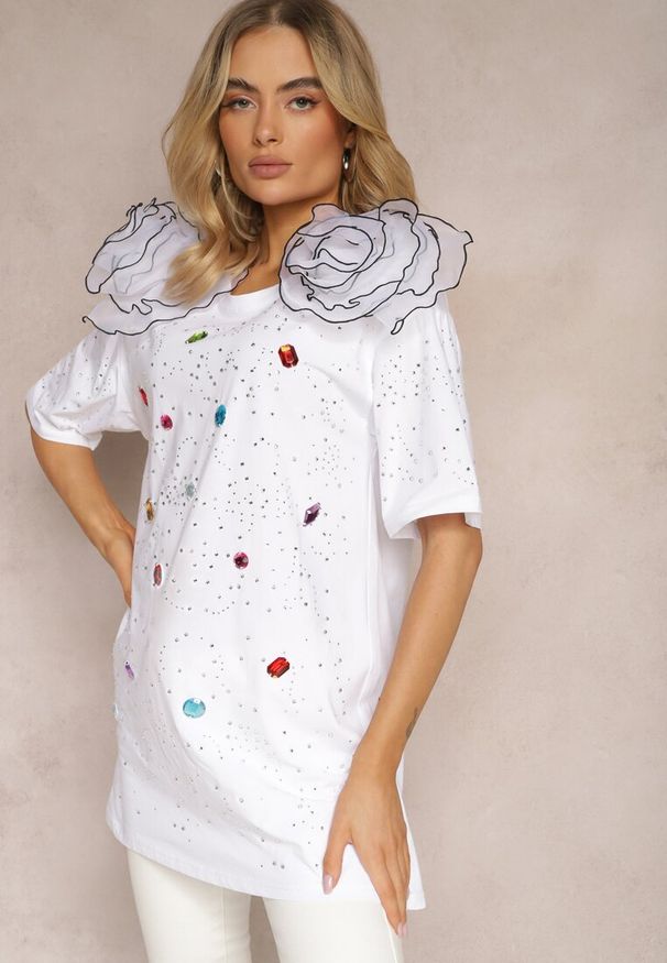Renee - Biała Bawełniana Bluzka Prosta z Kryształkami i Cyrkoniami Leokka. Kolor: biały. Materiał: bawełna. Sezon: lato