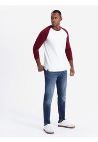 Ombre Clothing - Longsleeve męski z kontrastowymi raglanowymi rękawami – biało-bordowy V2 - Rozmiar: XXL. Okazja: na co dzień. Kolor: czerwony. Materiał: skóra, jersey, dzianina, materiał, bawełna. Długość rękawa: długi rękaw. Wzór: ze splotem. Styl: klasyczny, casual