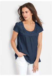 Shirt bawełniany z koronką i krótkim rękawem bonprix ciemnoniebieski. Kolor: niebieski. Materiał: bawełna, koronka. Długość rękawa: krótki rękaw. Długość: krótkie. Wzór: koronka #6