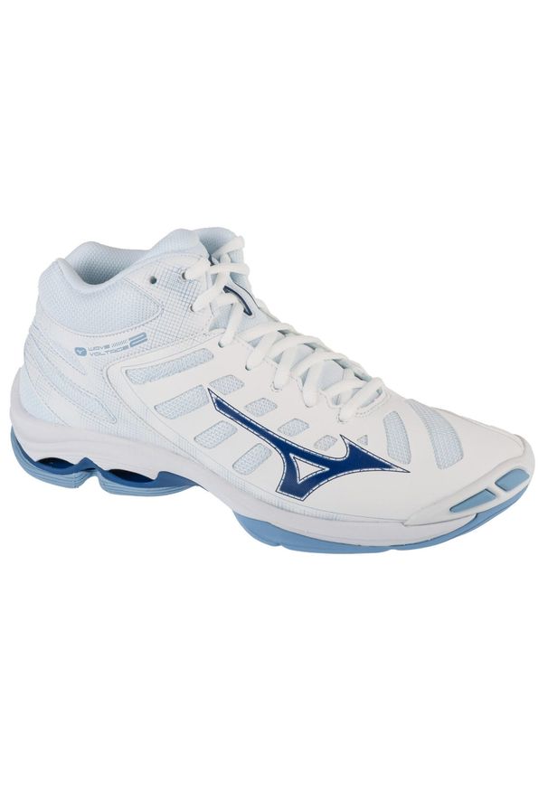 Buty halowe Mizuno Wave Voltage Mid. Kolor: wielokolorowy, niebieski, biały. Materiał: skóra, materiał, syntetyk, tkanina, guma. Model: Mizuno Wave. Sport: siatkówka
