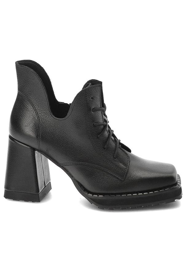 Czarne Botki Exquisite Modne Skórzane Buty Damskie. Kolor: czarny. Materiał: skóra. Wzór: geometria. Styl: klasyczny, elegancki