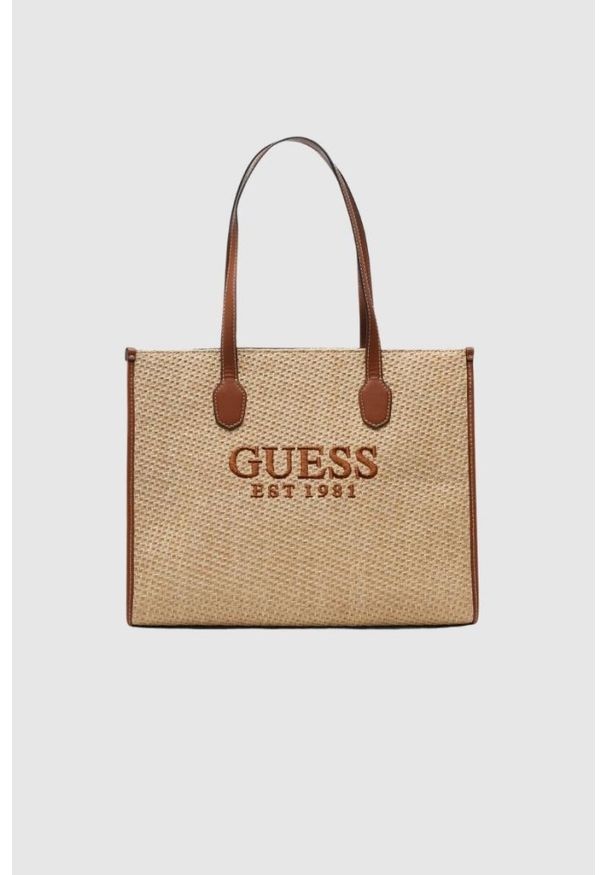 Guess - GUESS Beżowa shopperka silvana z haftowanym logo. Kolor: beżowy. Wzór: haft. Dodatki: z haftem