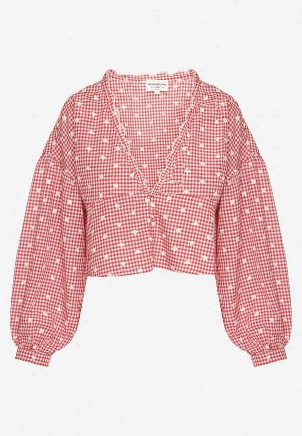 Born2be - Czerwona Koszula z Bawełną w Kratę Ozdobiona Haftem z Bufiastymi Rękawami Alirera. Kolor: czerwony. Materiał: bawełna. Wzór: aplikacja, haft