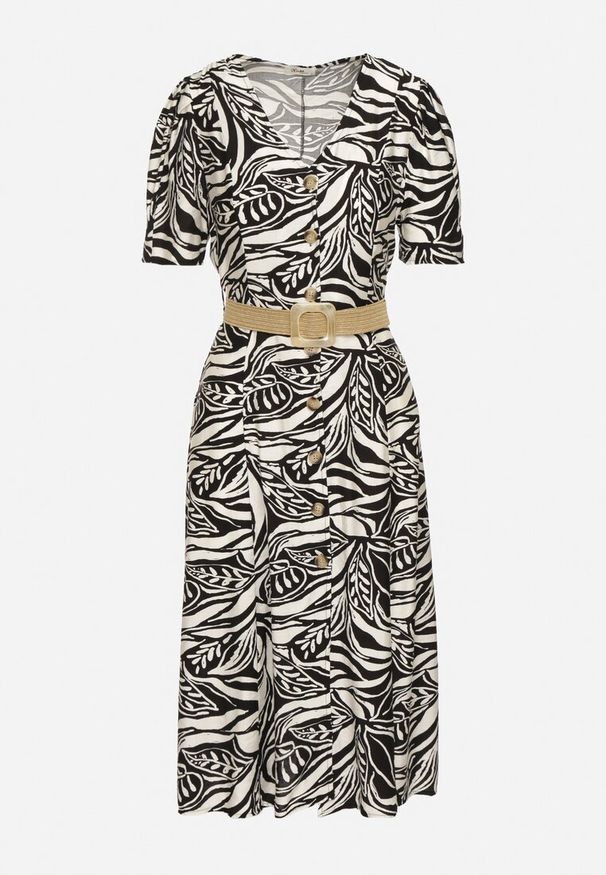 Born2be - Czarno-Biała Sukienka o Koszulowym Kroju z Plecionym Paskiem w Talii Zaratia. Okazja: na co dzień. Kolor: czarny. Materiał: wiskoza, tkanina. Sezon: lato. Typ sukienki: koszulowe. Styl: casual, elegancki