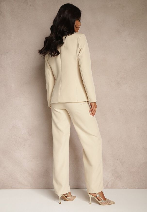 Renee - Beżowy Garniturowy Komplet Spodnie Wide Leg i Marynarka Arezellia. Kolor: beżowy
