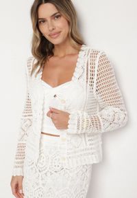 Born2be - Biały Ażurowy Kardigan z Bawełny Kolurelle. Okazja: na co dzień. Kolor: biały. Materiał: bawełna. Wzór: ażurowy. Styl: casual