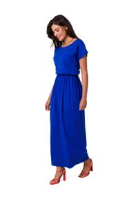 MOE - Bawełniana Maxi Sukienka z Gumą w Pasie - Chabrowa. Kolor: niebieski. Materiał: guma, bawełna. Długość: maxi