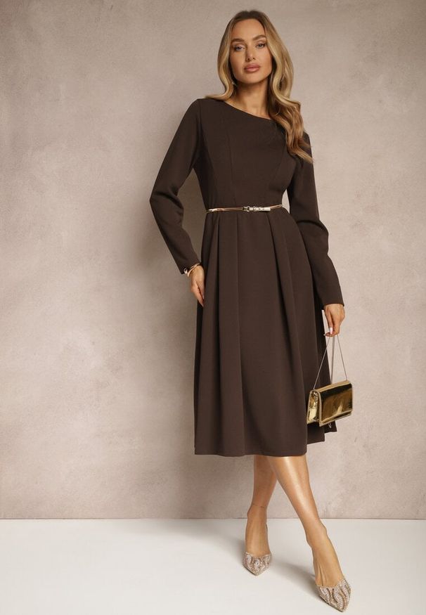 Renee - Brązowa Rozkloszowana Sukienka w Eleganckim Stylu Temilissa. Okazja: na co dzień, na spotkanie biznesowe, na imprezę. Kolor: brązowy. Typ sukienki: rozkloszowane. Styl: elegancki