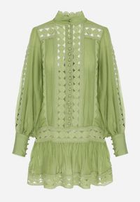 Born2be - Zielona Pudełkowa Tunika z Koronką i Długim Rękawem Ahrar. Typ kołnierza: kołnierzyk stójkowy. Kolor: zielony. Materiał: koronka. Długość rękawa: długi rękaw. Długość: długie. Wzór: koronka #5