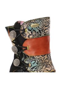 Czarne Botki Laura Vita Stylowe Obuwie Damskie Na Obcasie. Kolor: czarny. Materiał: skóra. Wzór: aplikacja, kwiaty. Obcas: na obcasie. Styl: elegancki. Wysokość obcasa: średni #6