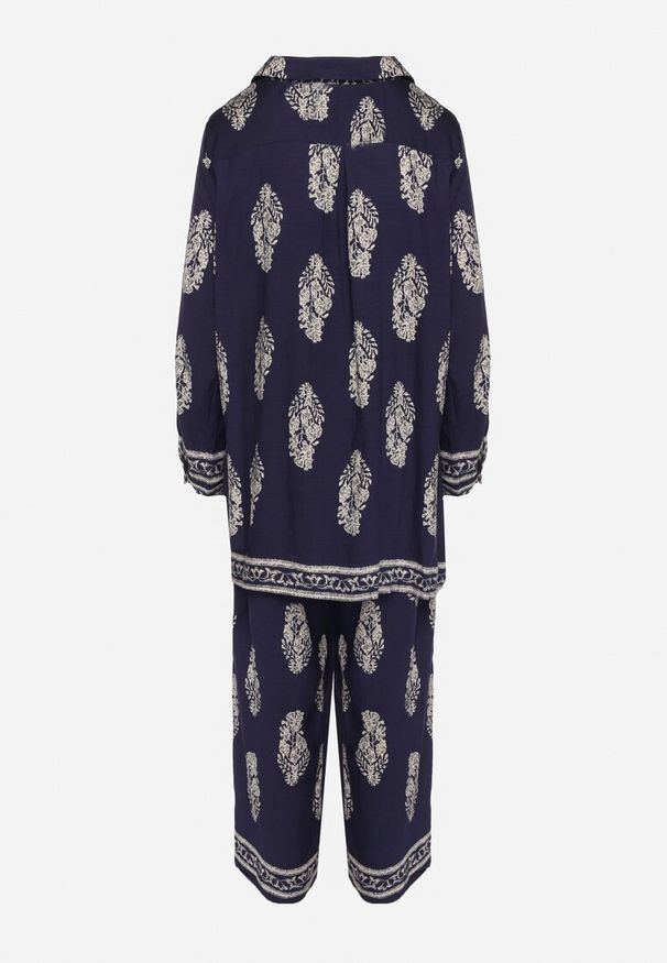 Born2be - Granatowy Komplet w Stylu Boho Oversize Długa Koszula i Luźne Spodnie Meppina. Kolor: niebieski. Materiał: skóra
