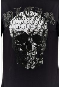 Philipp Plein - PHILIPP PLEIN Czarny męski t-shirt zdobiony dżetami z czaszką i logo, Rozmiar M. Kolor: czarny. Wzór: aplikacja