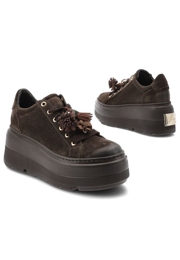 CheBello - Sneakersy damskie Chebello, ze skóry naturalnej z cholewką o zamszowym wykończeniu i ozdobnymi frędzlami przy sznurowaniu, brązowe, 5002_-268-000-PSK. Okazja: na co dzień. Kolor: brązowy. Materiał: zamsz, skóra. Szerokość cholewki: normalna. Wzór: kwiaty. Obcas: na platformie. Styl: casual, elegancki